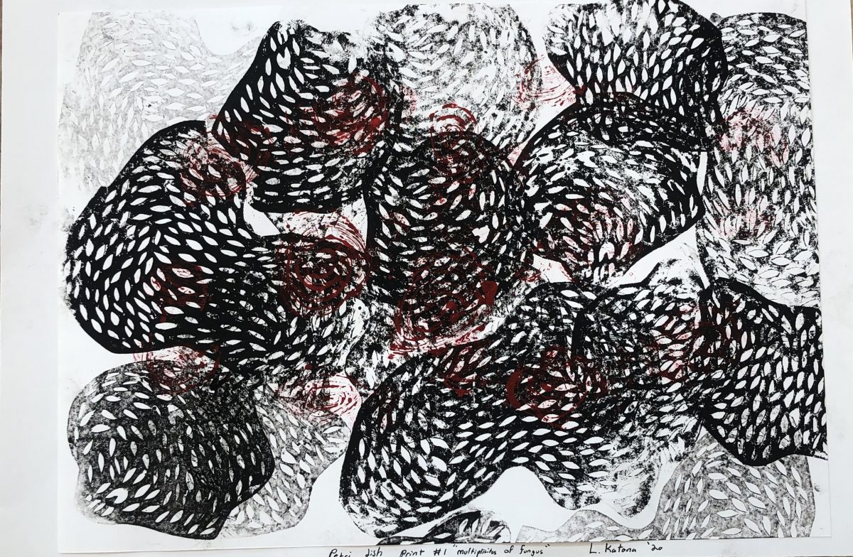 Black, white, and red print of organic shapes with voids througout.