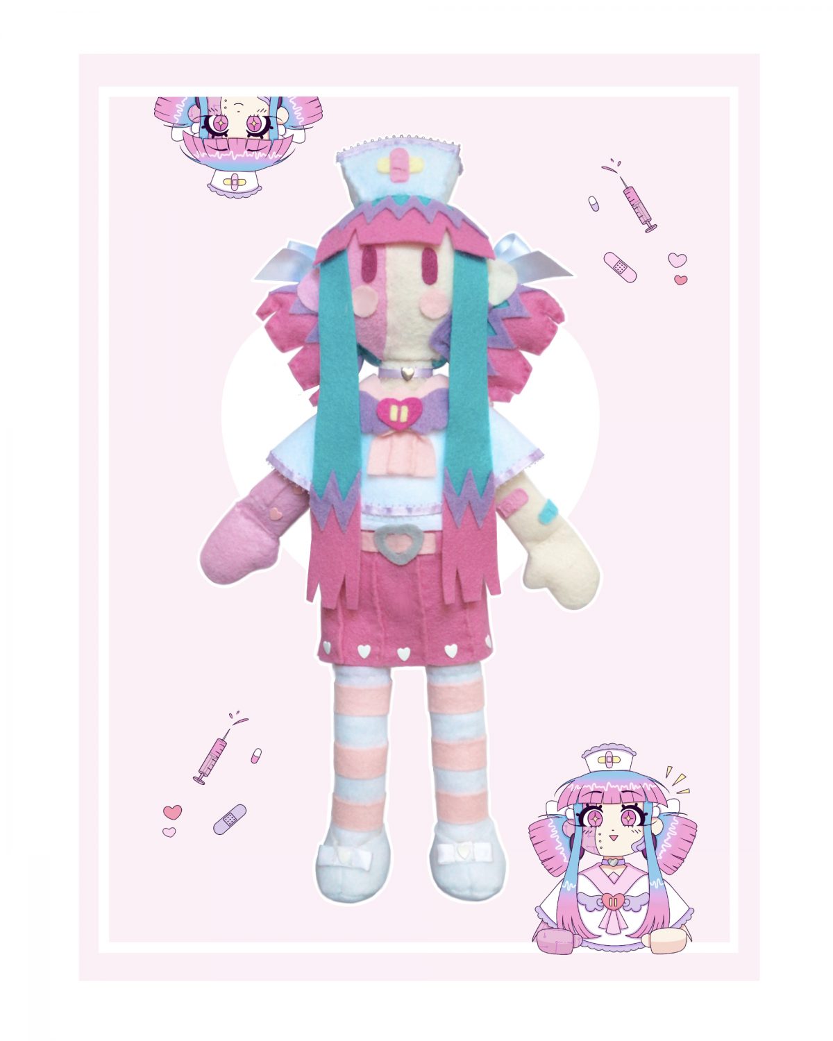 Pink felt toy doll photographed with graphic design of doll.