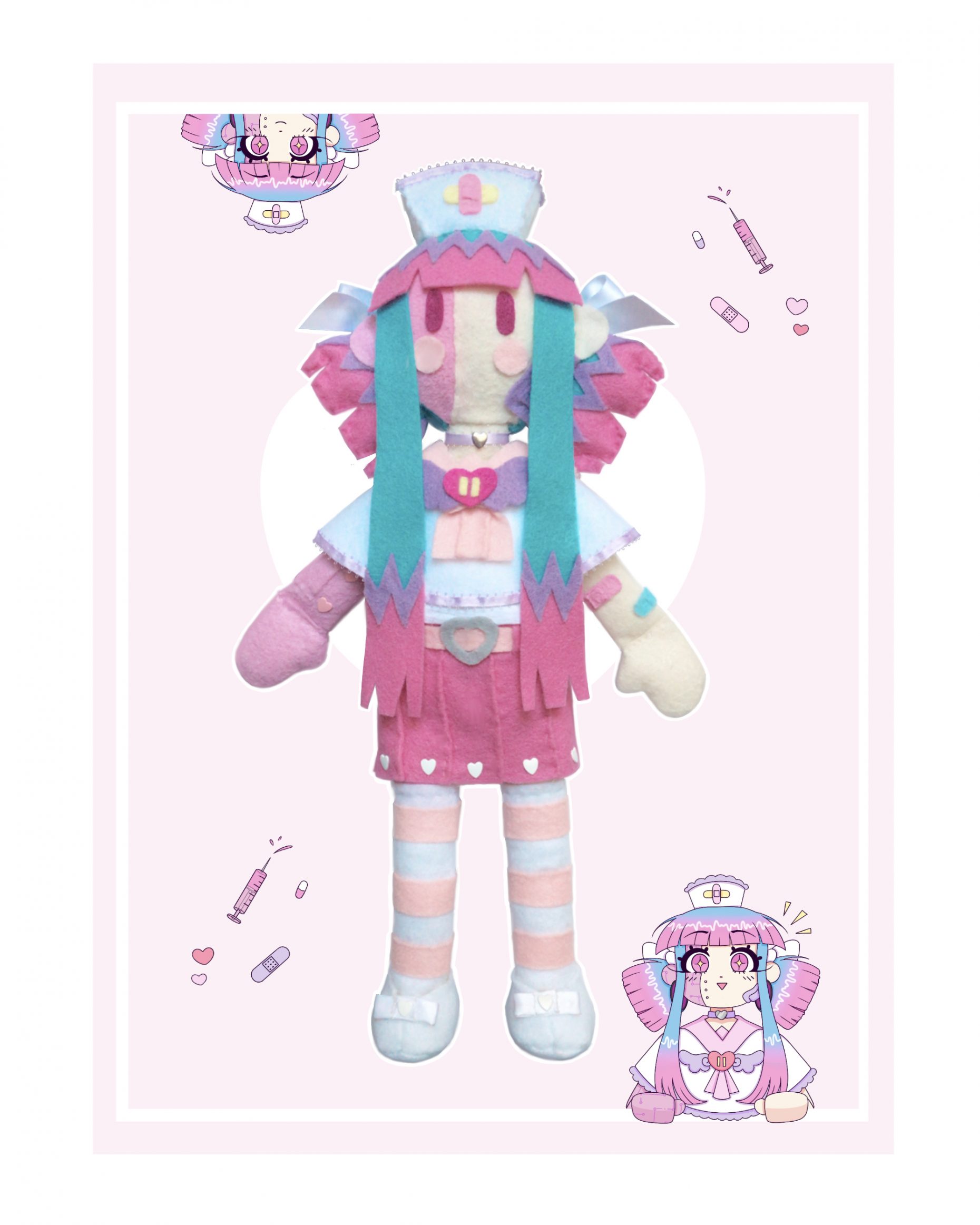 Pink felt toy doll photographed with graphic design of doll.