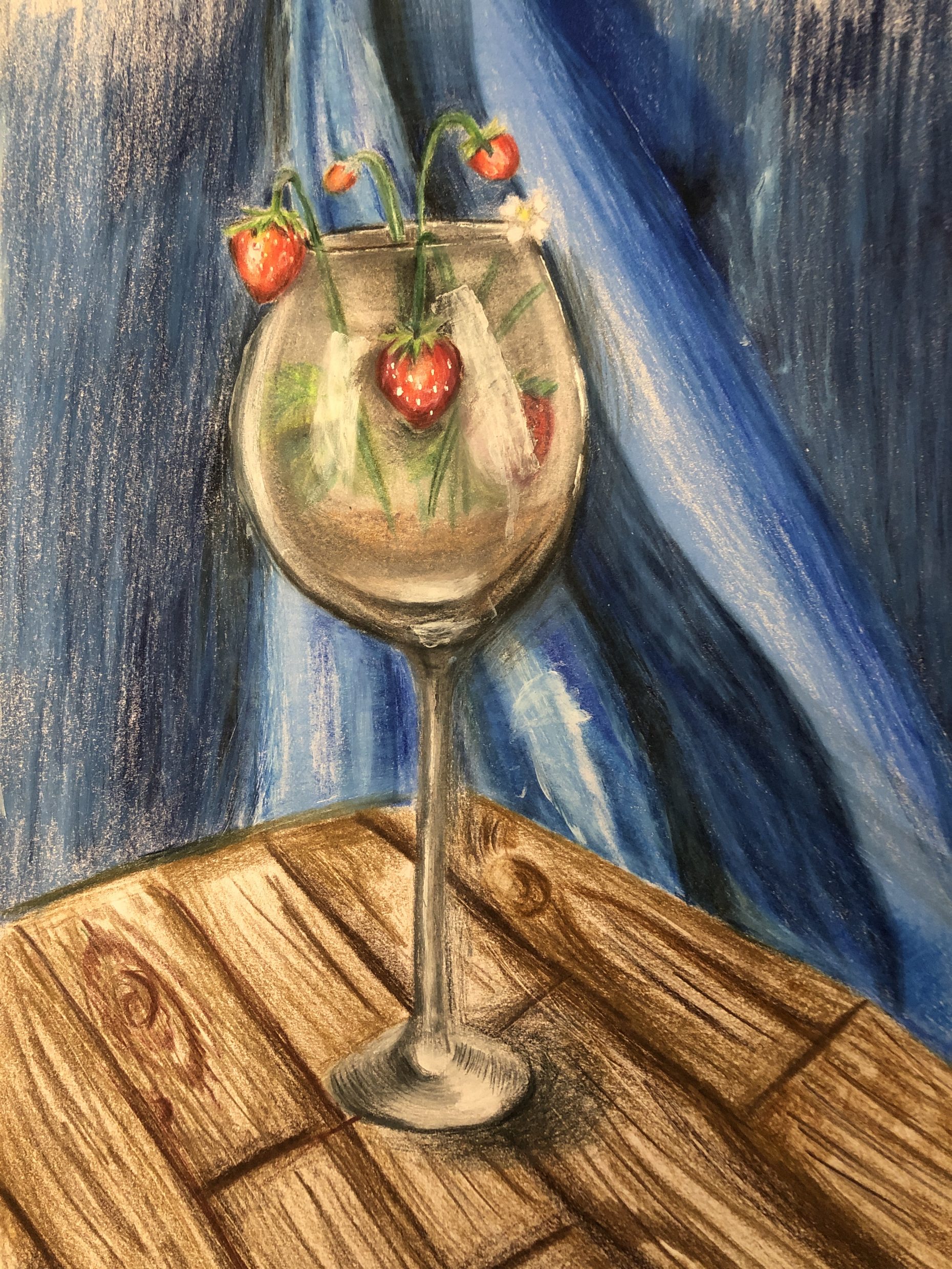Drawing of a wine glass atop a wood table, with small strawberries growing on stalks inside the glass.