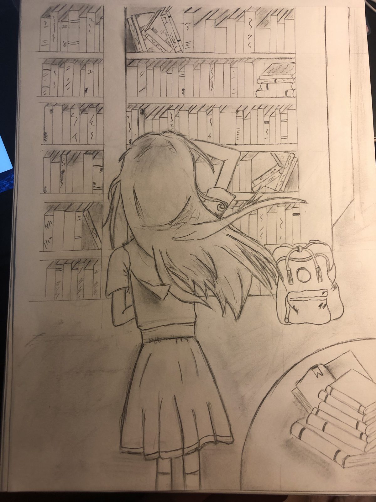 Black and white line drawing of person wearing a skirt with their back to the viewer. Person is in a library.
