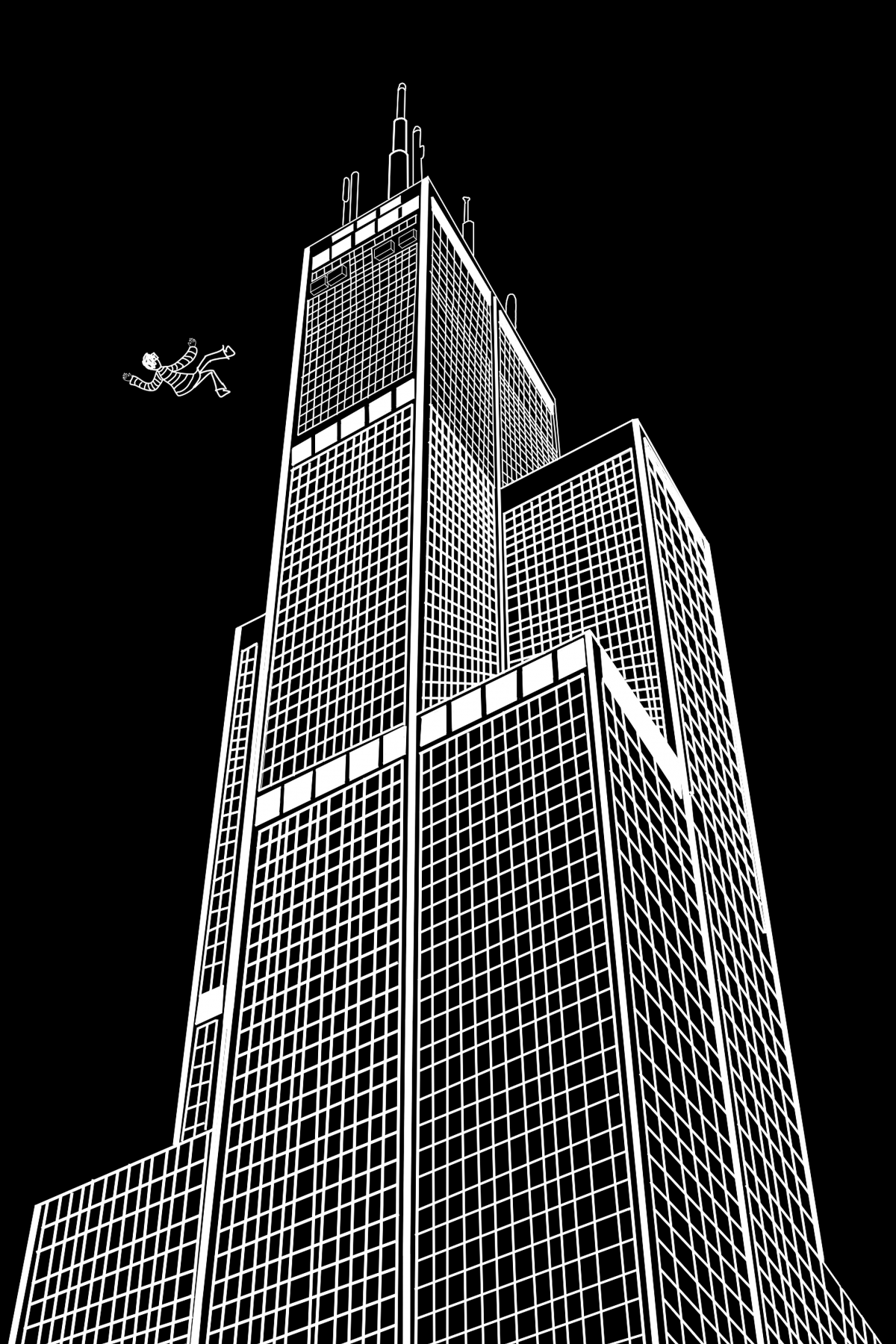 Digital illustration of a skyscraper outlined in white on a black background