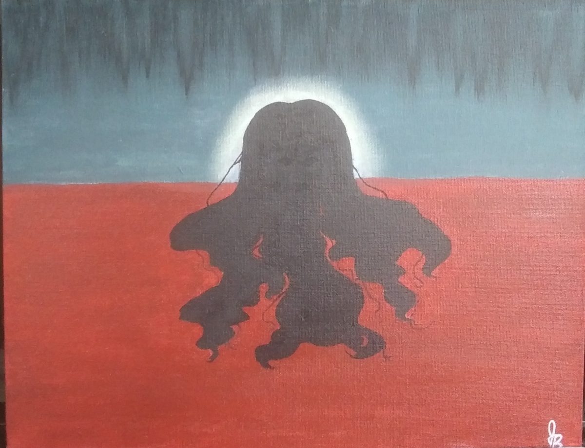 Painting with bottom 2/3rds a deep red and top in hues of blue and grey. What resembles the back of a head with long, dark hair rises up at the red horizon line and spills out onto the red.