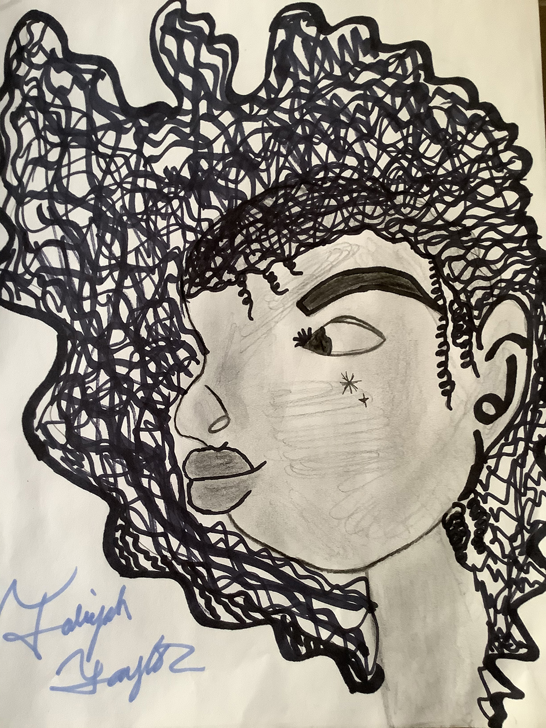 Black and white line drawing of person surrounded by their hair.