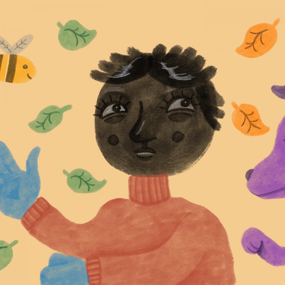 Digital painting of a figure with a dark face wearing a red turtle neck and blue gloves. Green and yellow leaves fall around them. Next to them on the left of the painting is a bee and on the right is just the face and a paw of a purple dog.