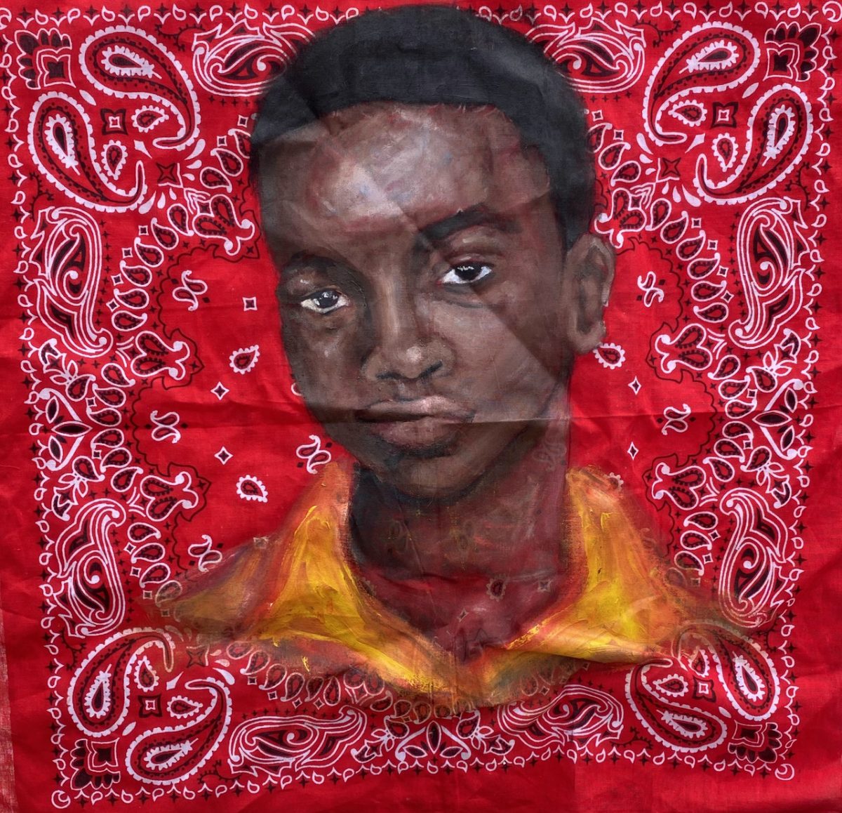 Painting of George Stinney in a yellow shirt on a red, patterned bandana with folds and creases