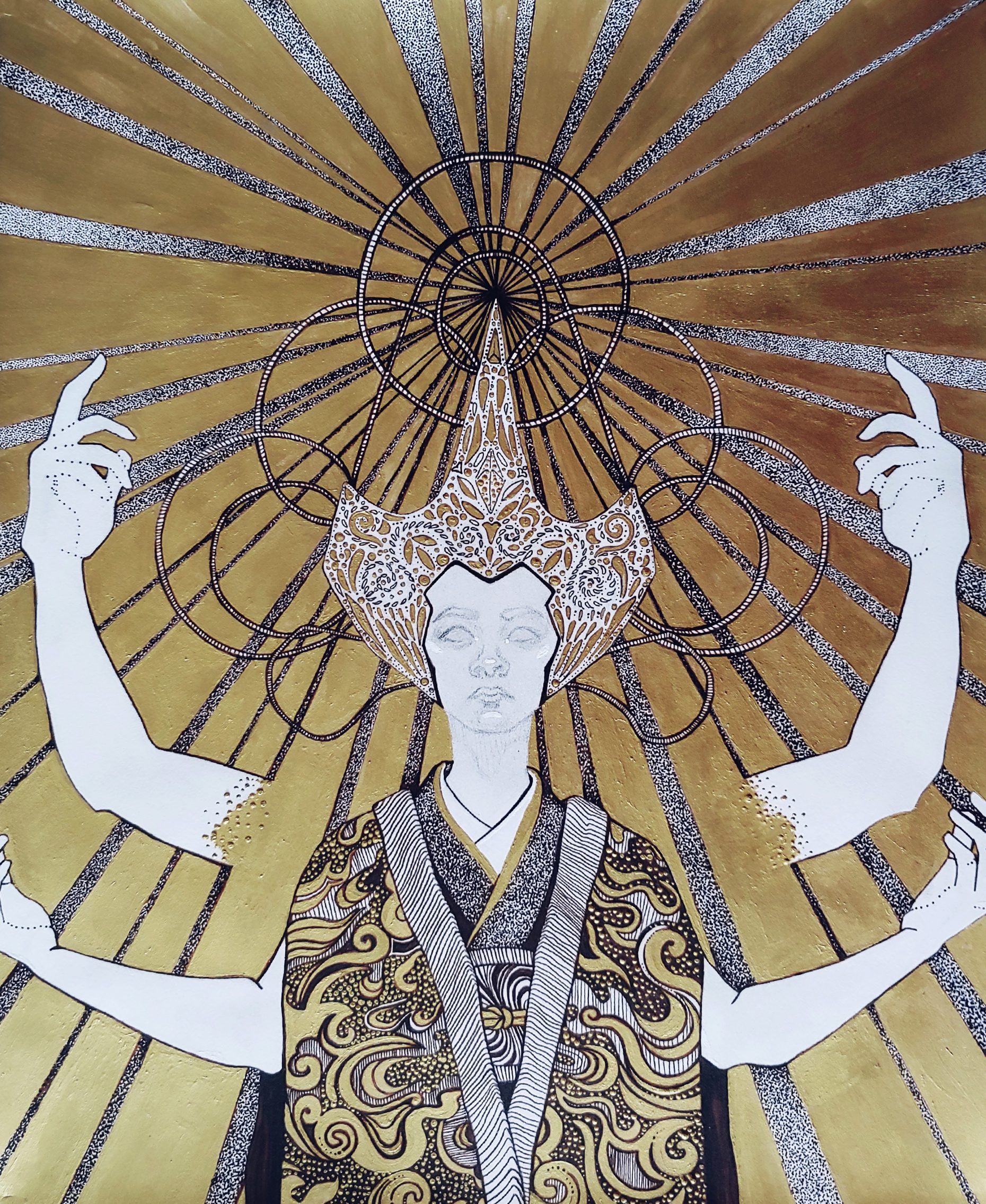 Four armed figure in grand attire stood against a radial backdrop.