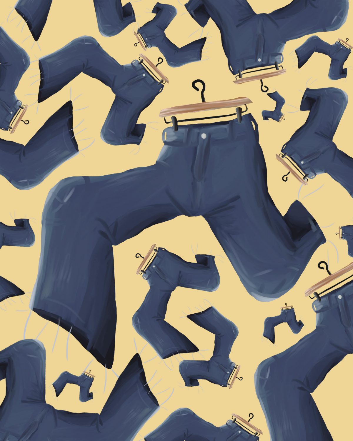 Many wide-legged blue pants on a hanger, running on a yellow background.