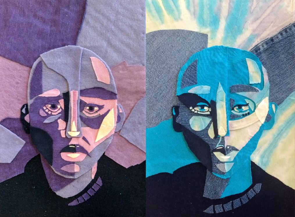 2 portraits, one in blue felt, one in purple felt.