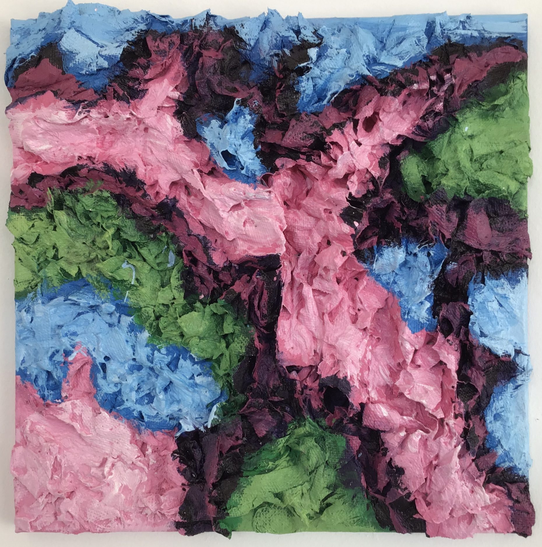 Pink, green and blue painted paper napkins. Glued and collaged together.