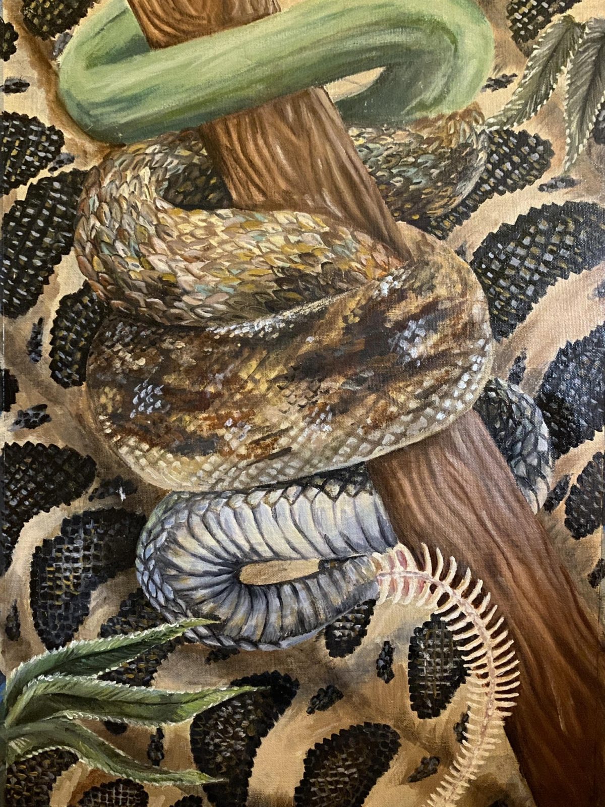 Painting of a giant snake coiled around a wood branch. The head is not visible, the top of it's body is green, the middle different shades of brown and the bottom grey. The tail is just the skeleton.