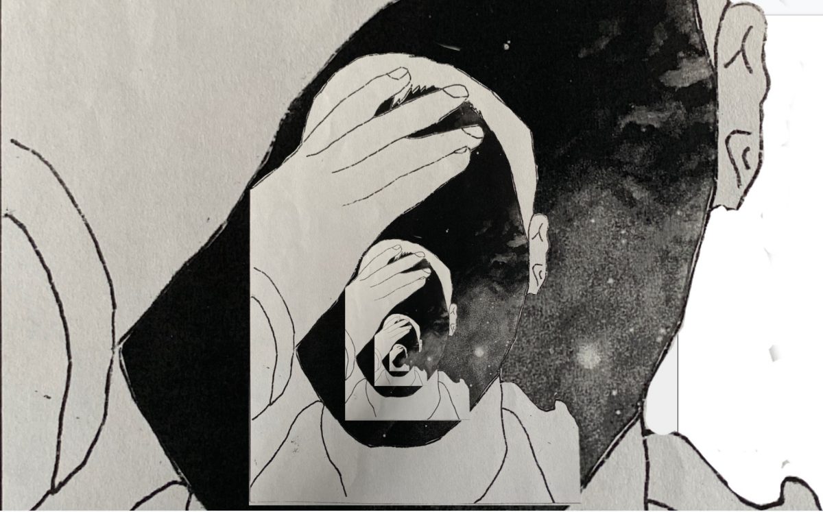 Black and white print: recursive self portrait of artist with hand on forehead.