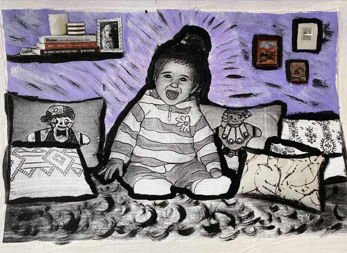 Mostly black and white painting of a laughing baby, sitting surrounded by pillows against a purple wall.