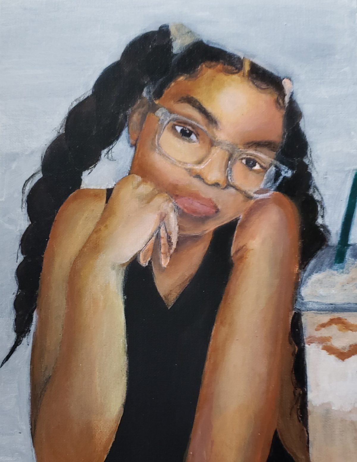 Painting of a person with two long dark braids and clear eye glasses. They are seated with their arms raised to face. A milkshake is next to them.