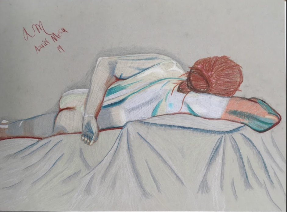 Drawing of a person with red hair lying with back turned.