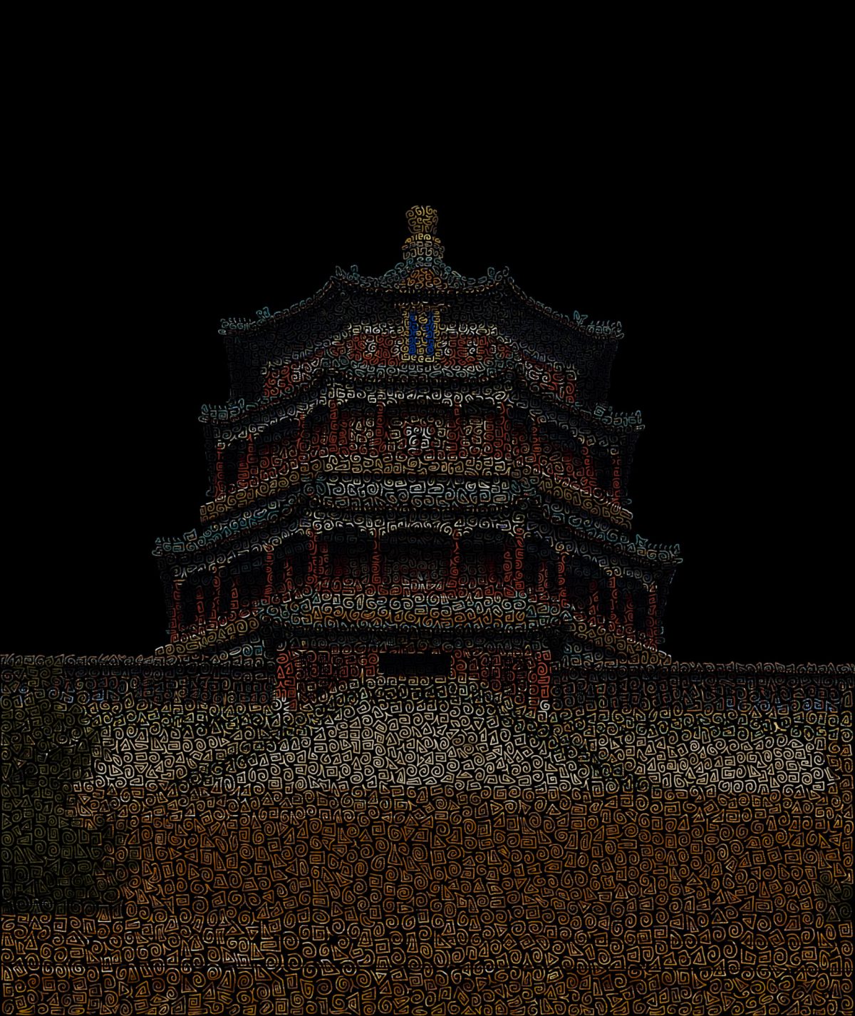 Photo of the Summer Palace in China. Redesigned in Photoshop, adding lines and details onto the building itself. Low angle perspective, structure rises against a dark background.