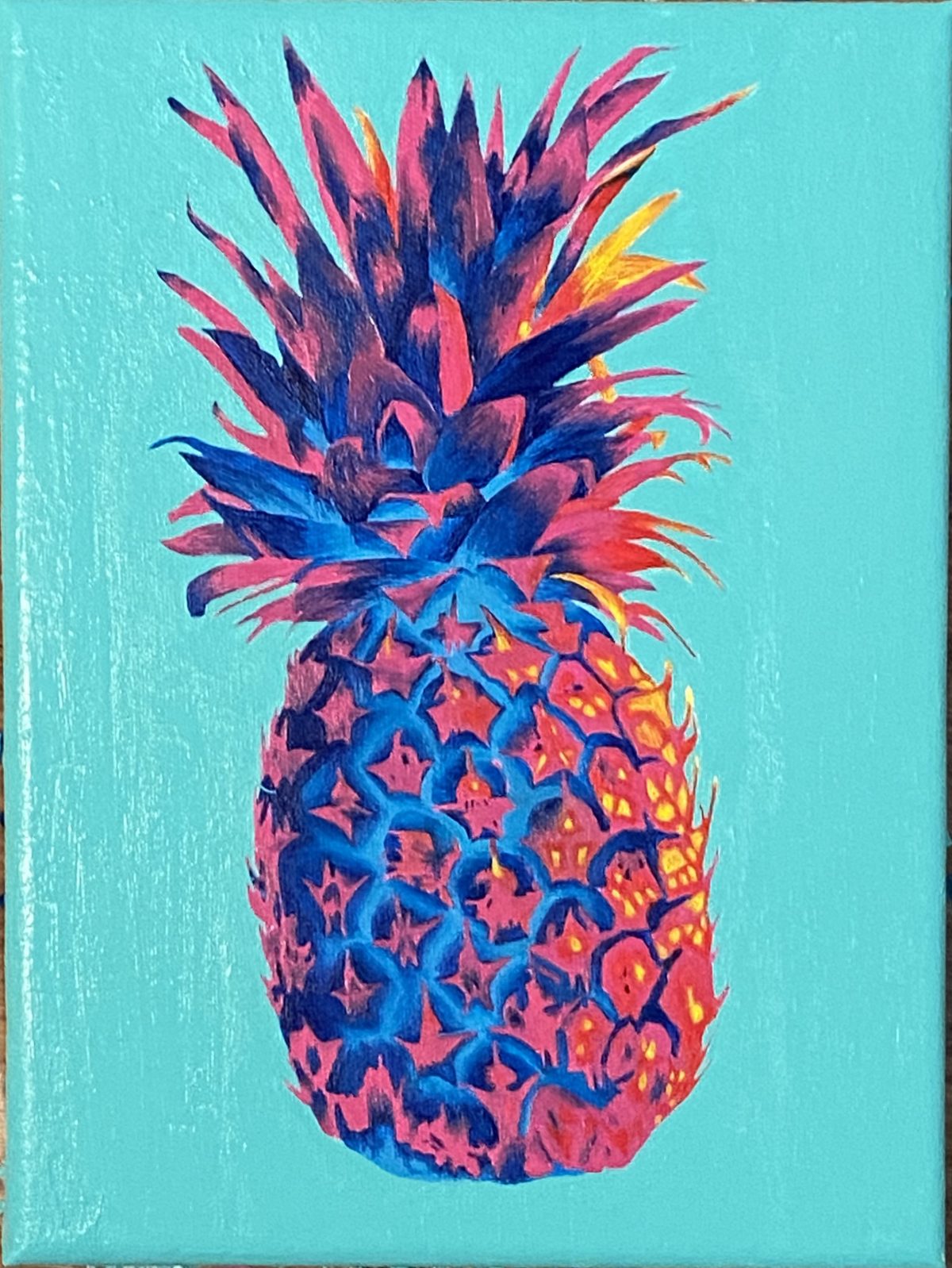 Painting of a pineapple in florescent blues, reds, and purples.