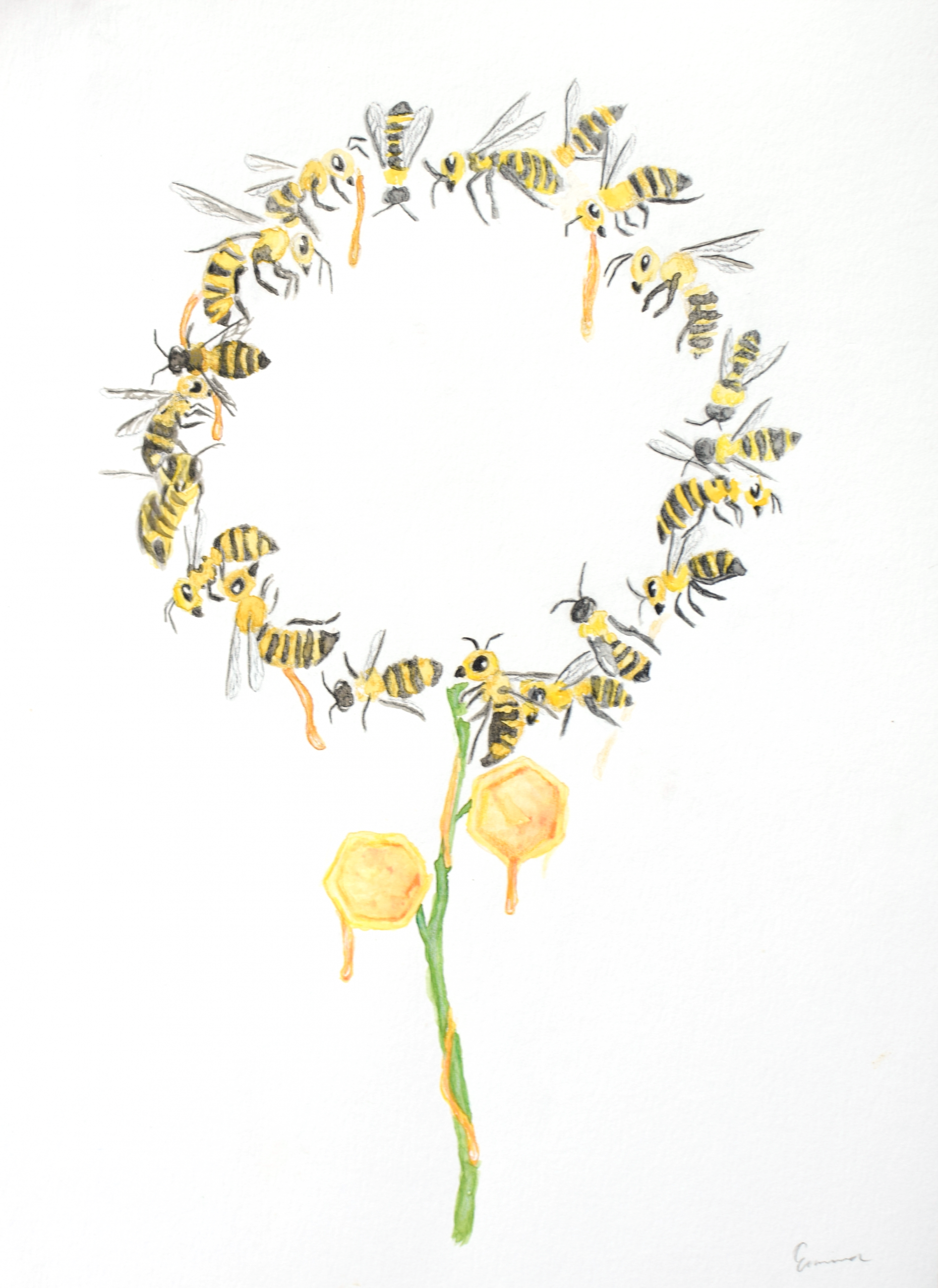 Painting of bees flying in a circular pattern above a stem, making the shape of a flower.