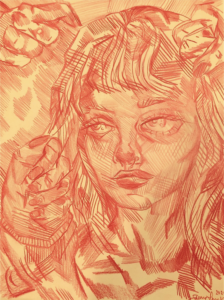 Drawing of person's head with red hatching on yellow paper