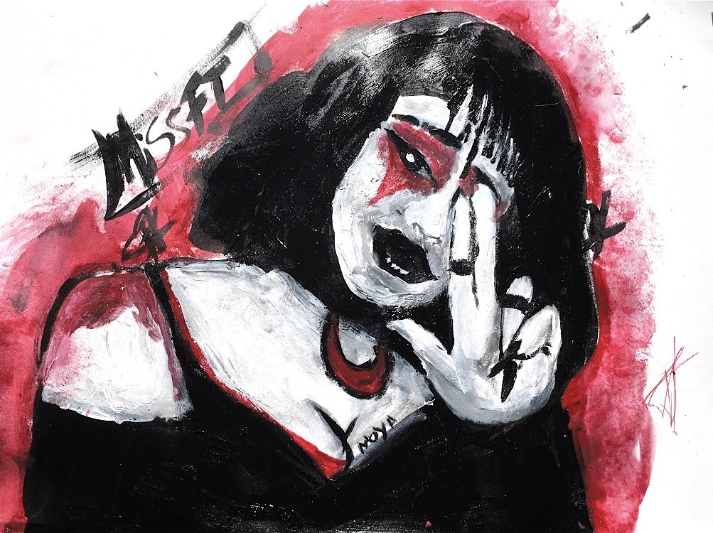 Black and white drawing of a person, with red around the eyes. Person holding up hand with thumb, pointer and middle finger raised.