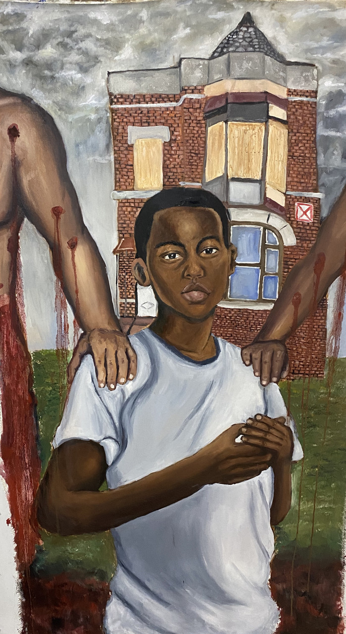 A Black child standing in front of a Chicago row house, with two adult arms holding their shoulders, both pierced by bleeding bullet holes.
