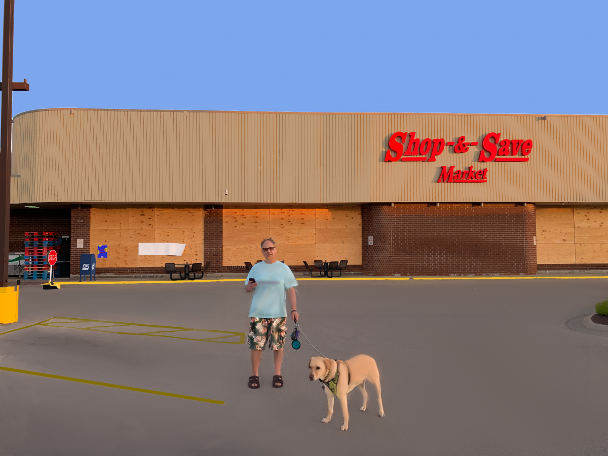 Boarded-up storefront "Shop & Save" with an older person and their dog photoshopped in front of the shop, looking bemused.