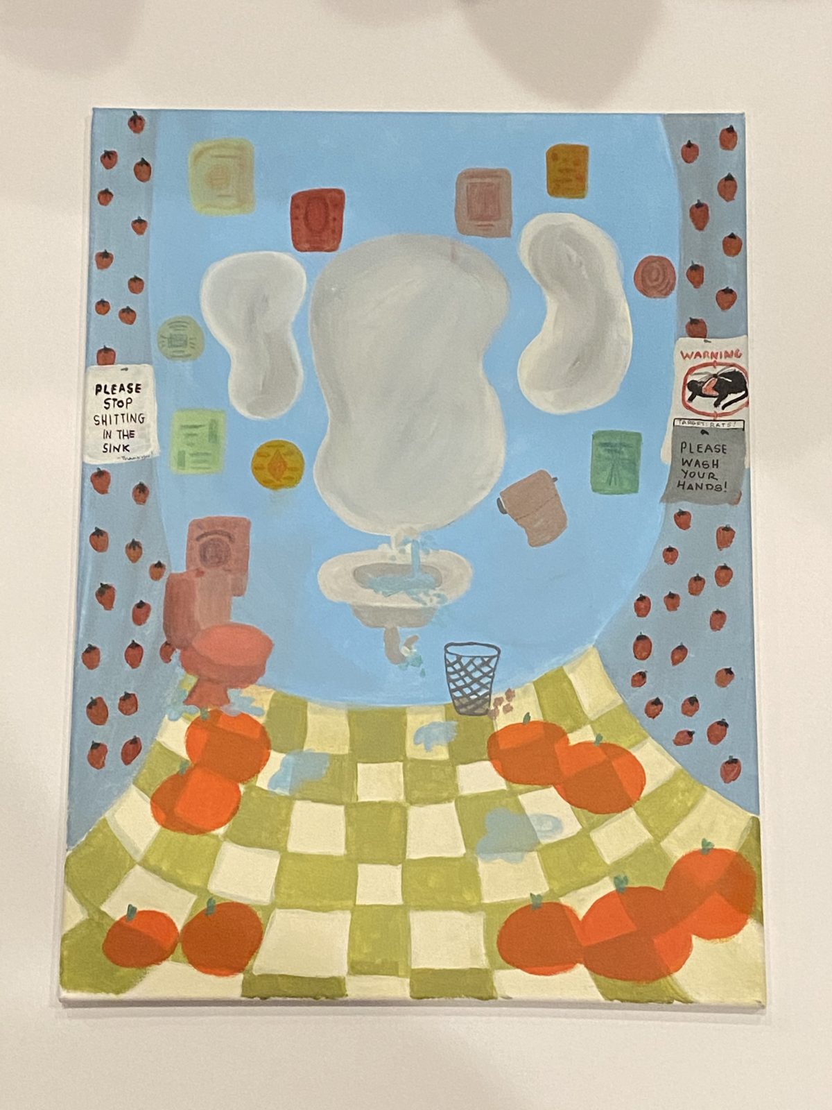 Surreal restroom with blue walls, orange toilet, and green and yellow checkerboard floor