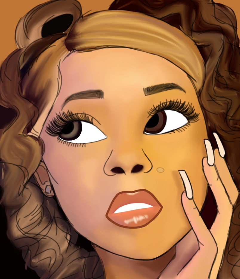 Digital painting of a face, person is holding left hand up to left cheek.