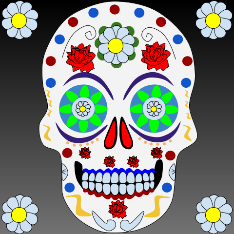 Digital illustration of sugar skull with bright celebratory colors and flower patterns throughout.