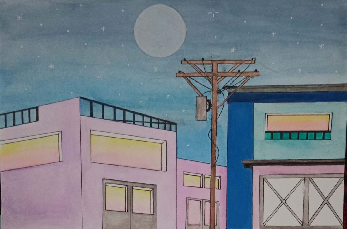 Drawing of urban rooftops and utility poles at night, lit by a soft-colored full moon.