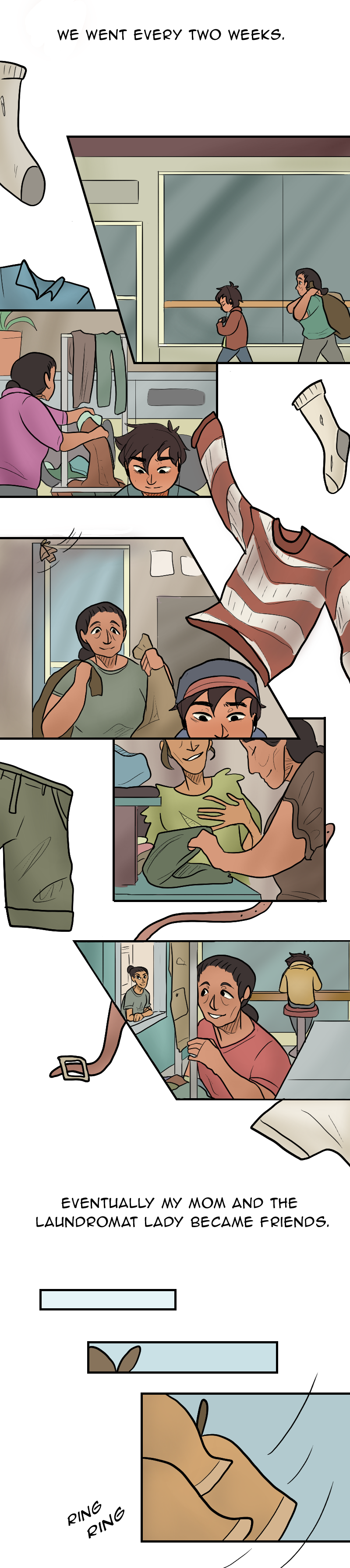 A seven-panel vertical comic strip depicting a mother and child bringing laundry to a laundromat