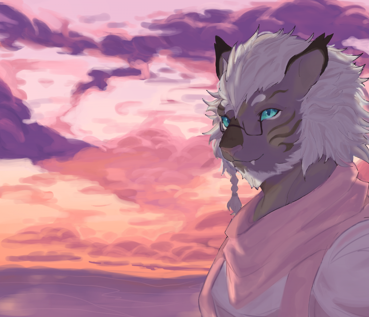 Feline humanoid gazing into the distance at sunset.