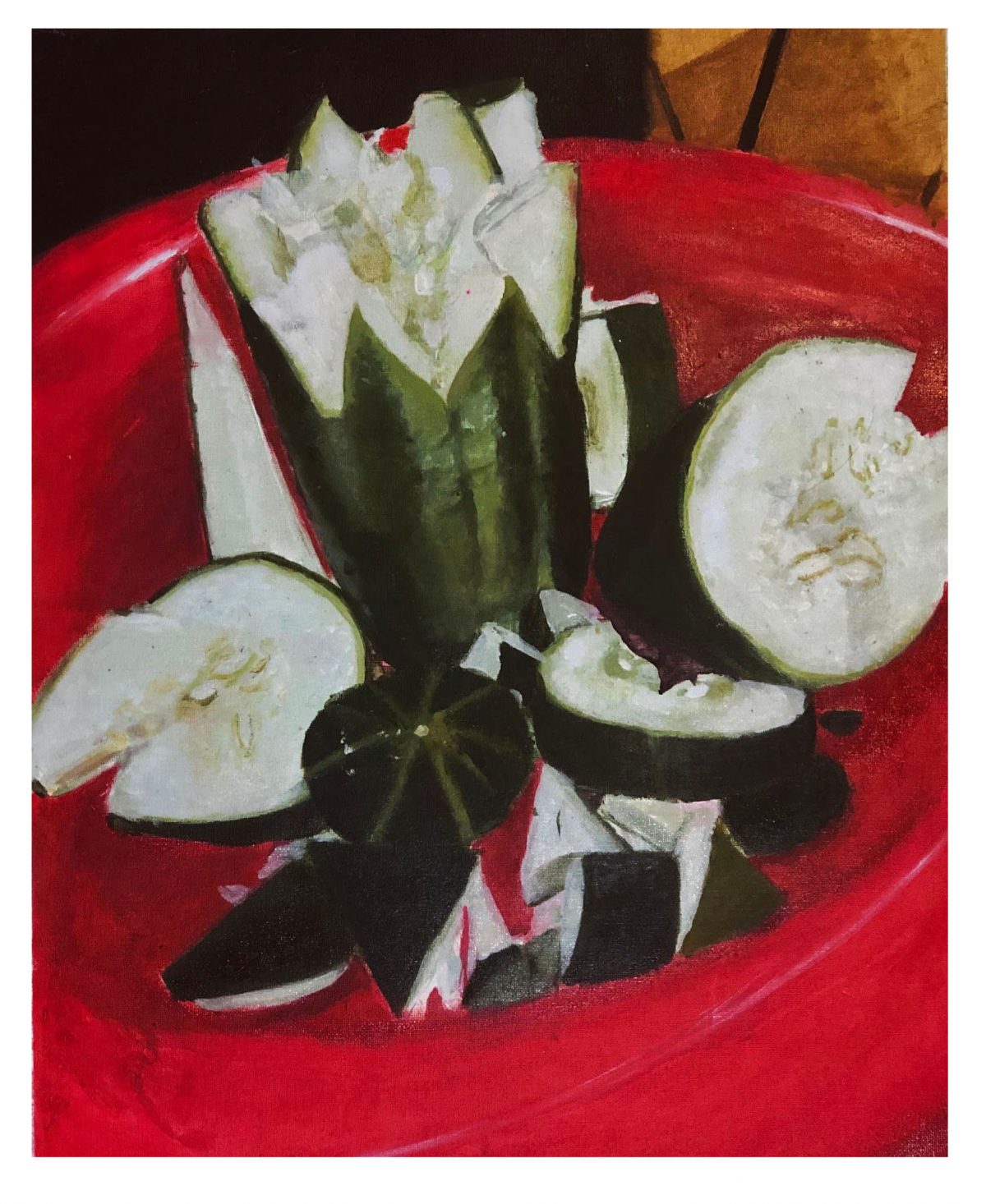 Painting of cucumbers cut and sliced in a red bowl