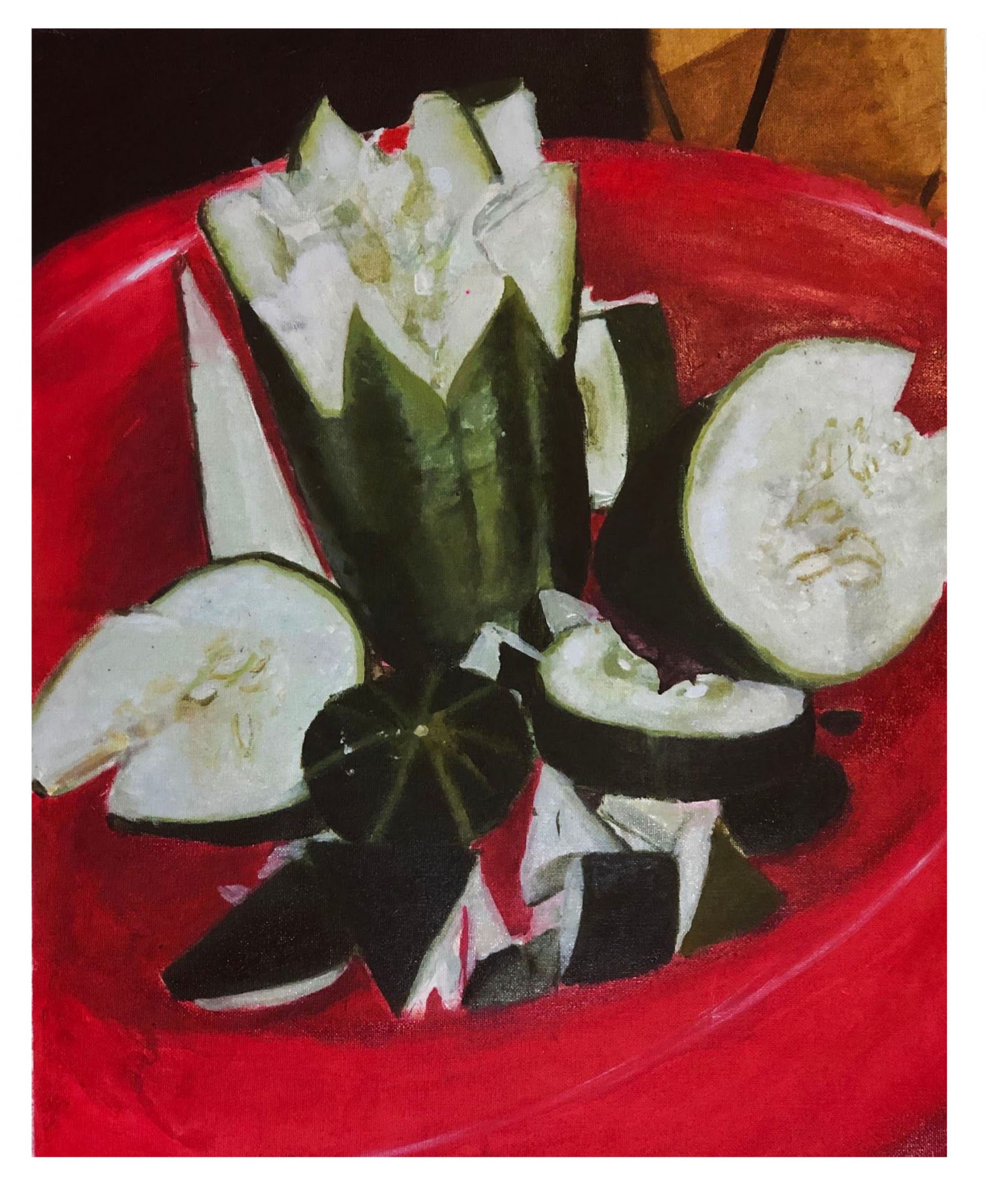 Painting of cucumbers cut and sliced in a red bowl