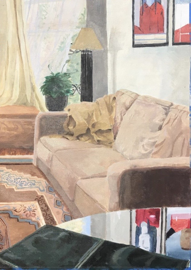 Painting of a living room with a window and plant, beige couch and glass table in foreground.