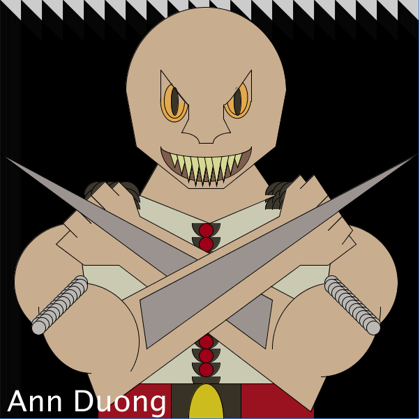 Digital artwork of the character Baraka from Mortal Combat. A figure with arms crossed over chest, spears attached to arms. Figure is smiling with sharply pointed teeth.