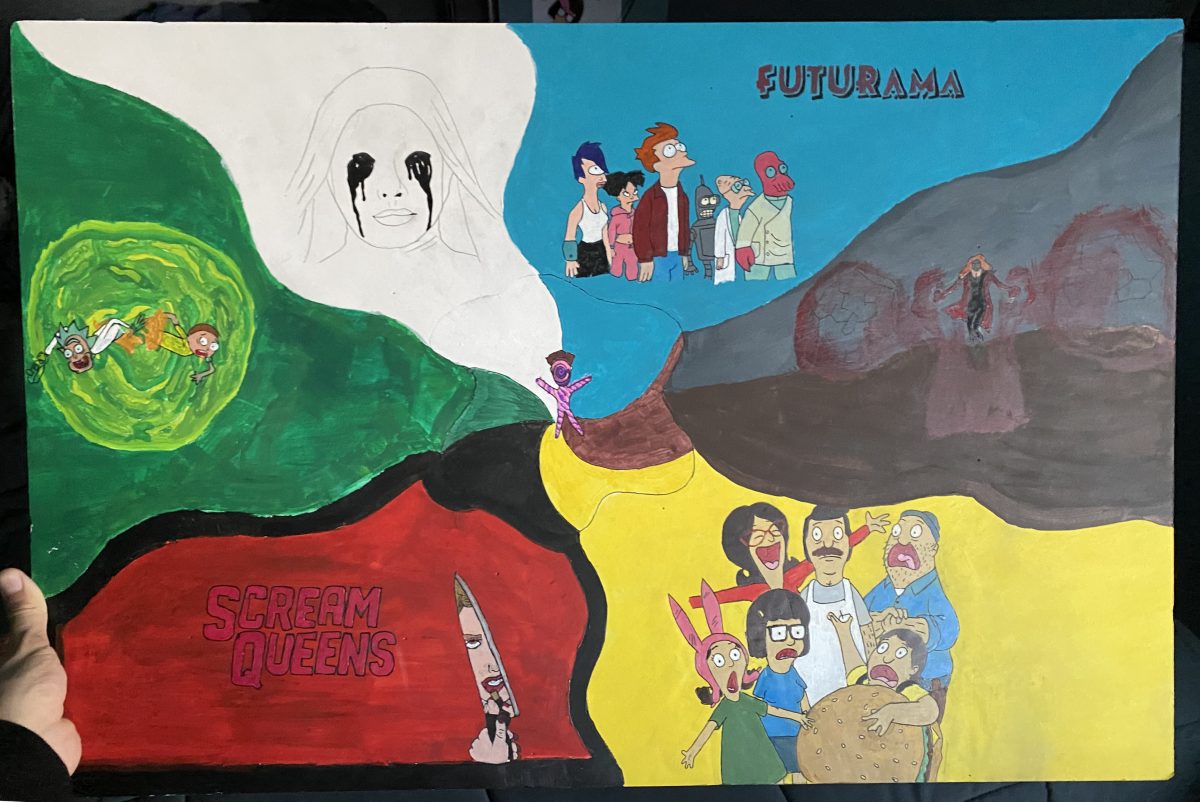 Painting with sections of colors starting wide at edge and converging into the center. Clockwise from top: blue, grey/black, yellow, red with black border, green, white. Different characters from TV show cartoons are painted in each section.