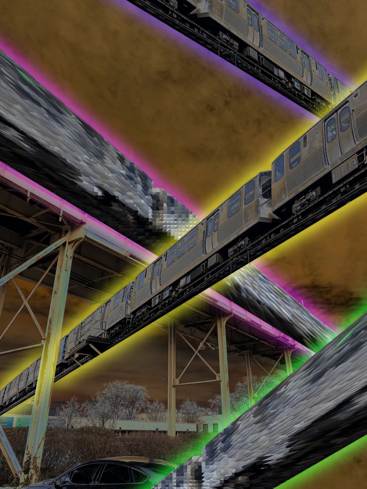 Four trains cross over and under each each-other, glowing with neon light. Three of the trains seem to float midair.