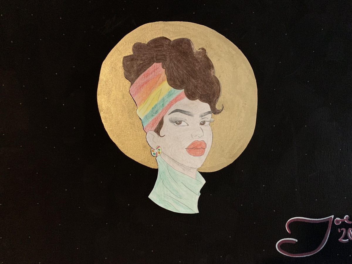 Portrait of a face with a gold halo around head.