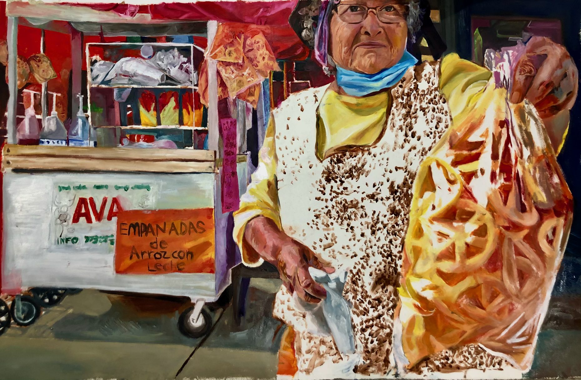 Painting of Latinx street vendor selling chicharrones