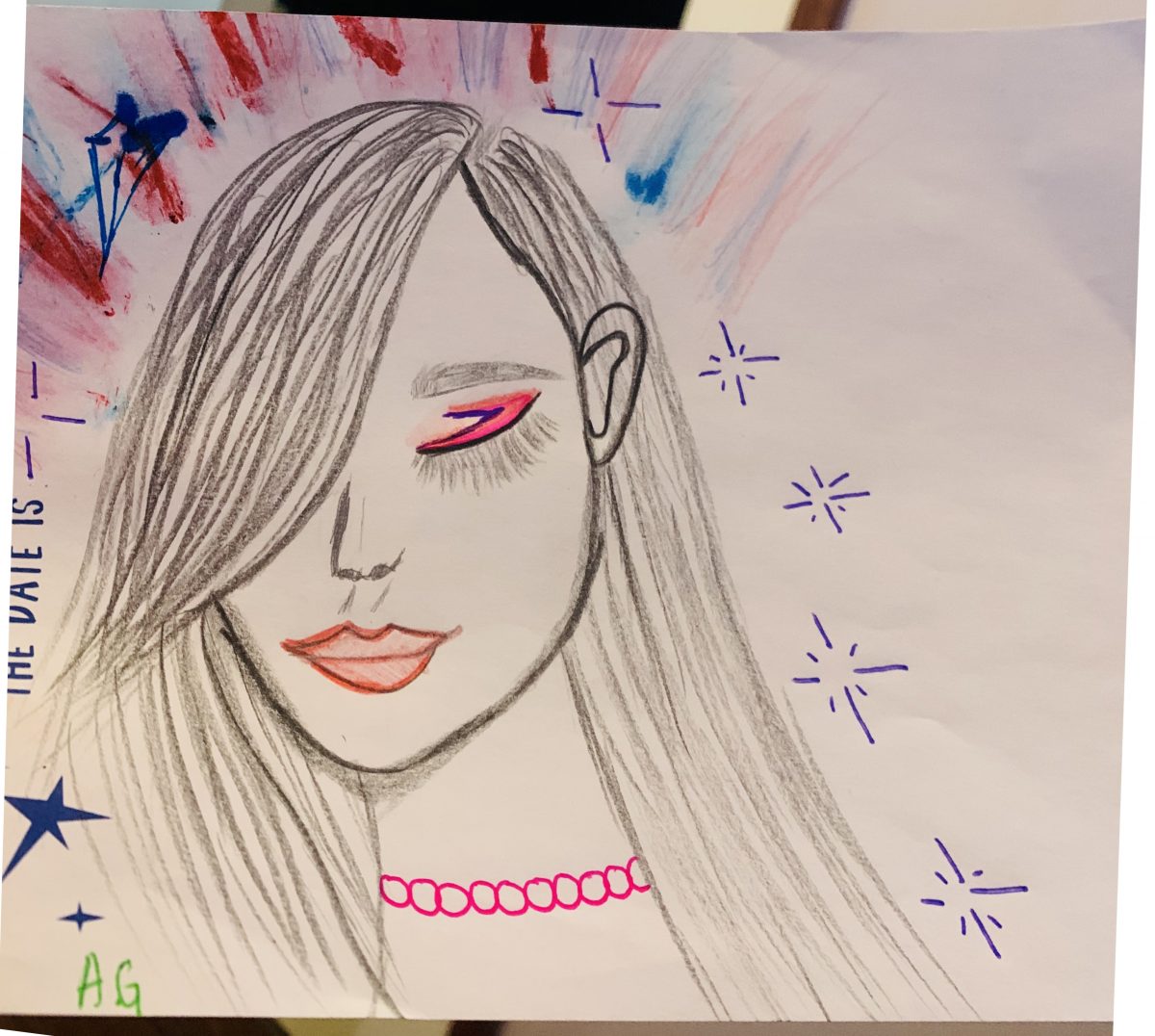 Person's face with bright pink eyeshadow. Surrounded by stars and bursts of blue and red.