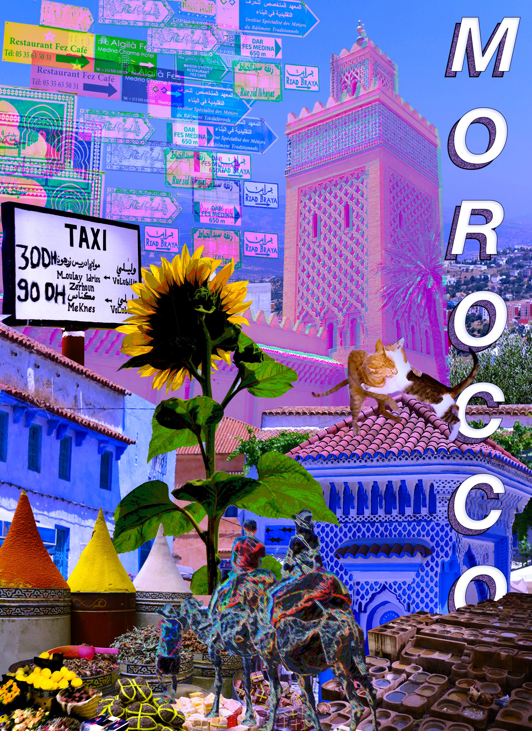 Collage of Moroccan scenery like billboards and buildings in purple and pink hues with the text "Morocco" superimposed across the right side