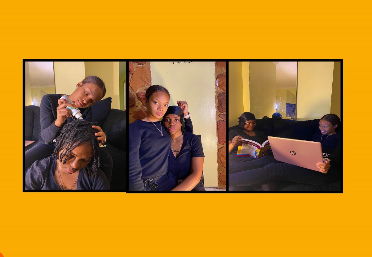 Horizontal panel of three photos. First is of two people, one helps the other with their hair. Second is of two people posing for the camera, they embrace. The third is two people sitting together on a couch, reading a book and on a laptop.
