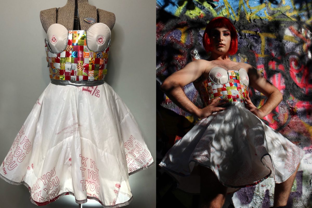 A dress made of plastic bags, recycled masks and other detritus, on a mannequin and an image of a person wearing the dress.