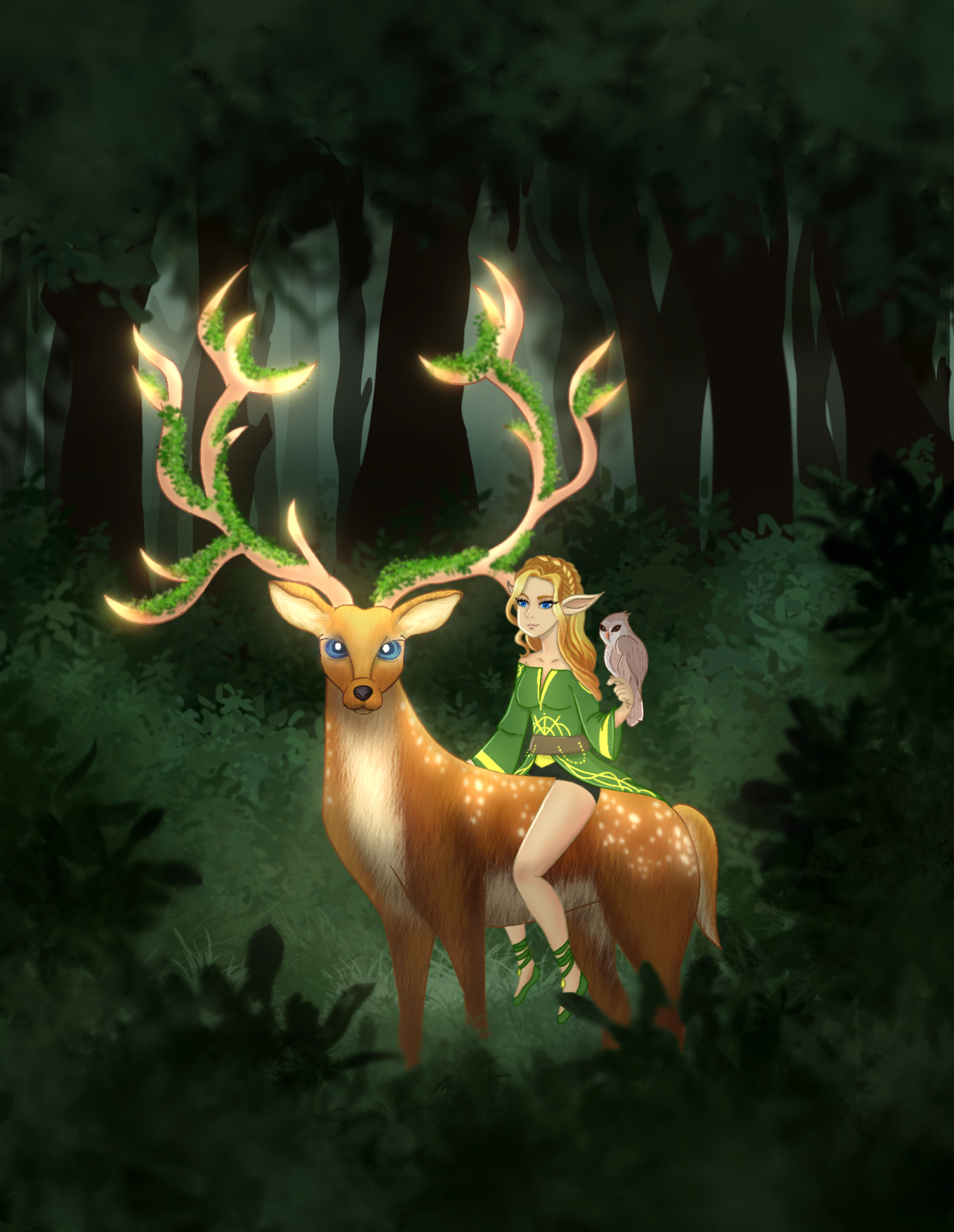 Elven person in green dress holding a bird, riding a stag in a dark forest.