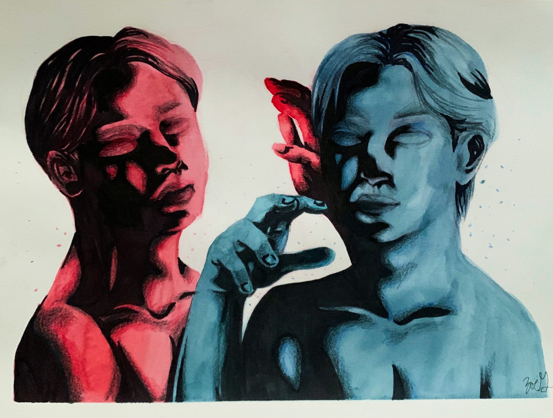 Two figures, one red and one blue, with deep shadows paused in action while facing the viewer.