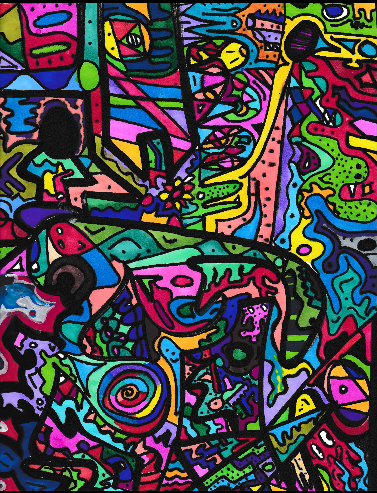 Abstract drawing of lines and shapes in bright colors