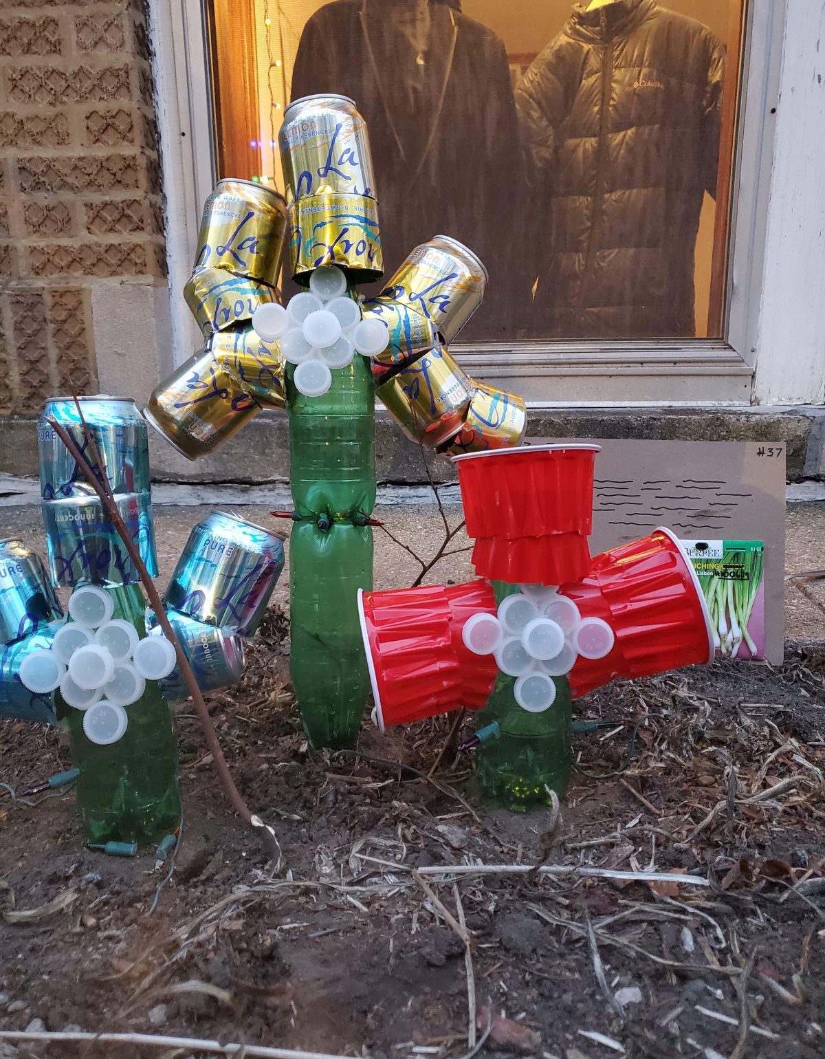 Sculpture of plants made of cans, cups, and plastic bottles.