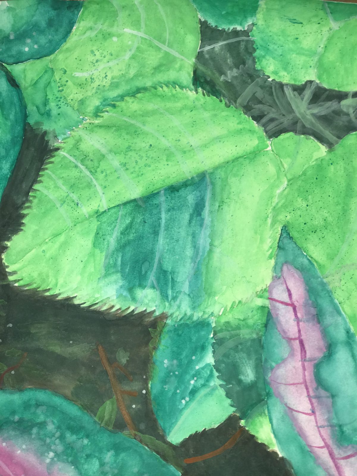 Painting of green and purple leaves.
