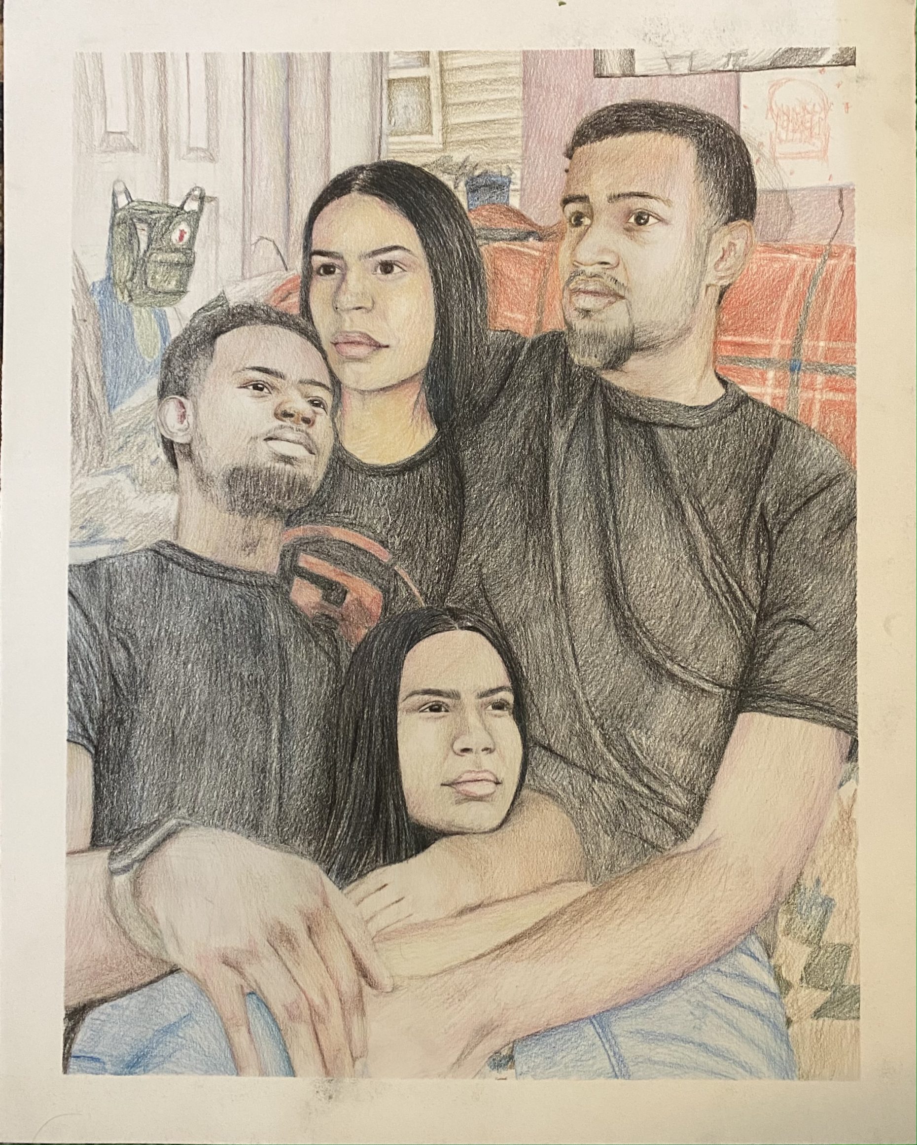 Drawing of four people, close together with arms wrapped around each other and looking out.